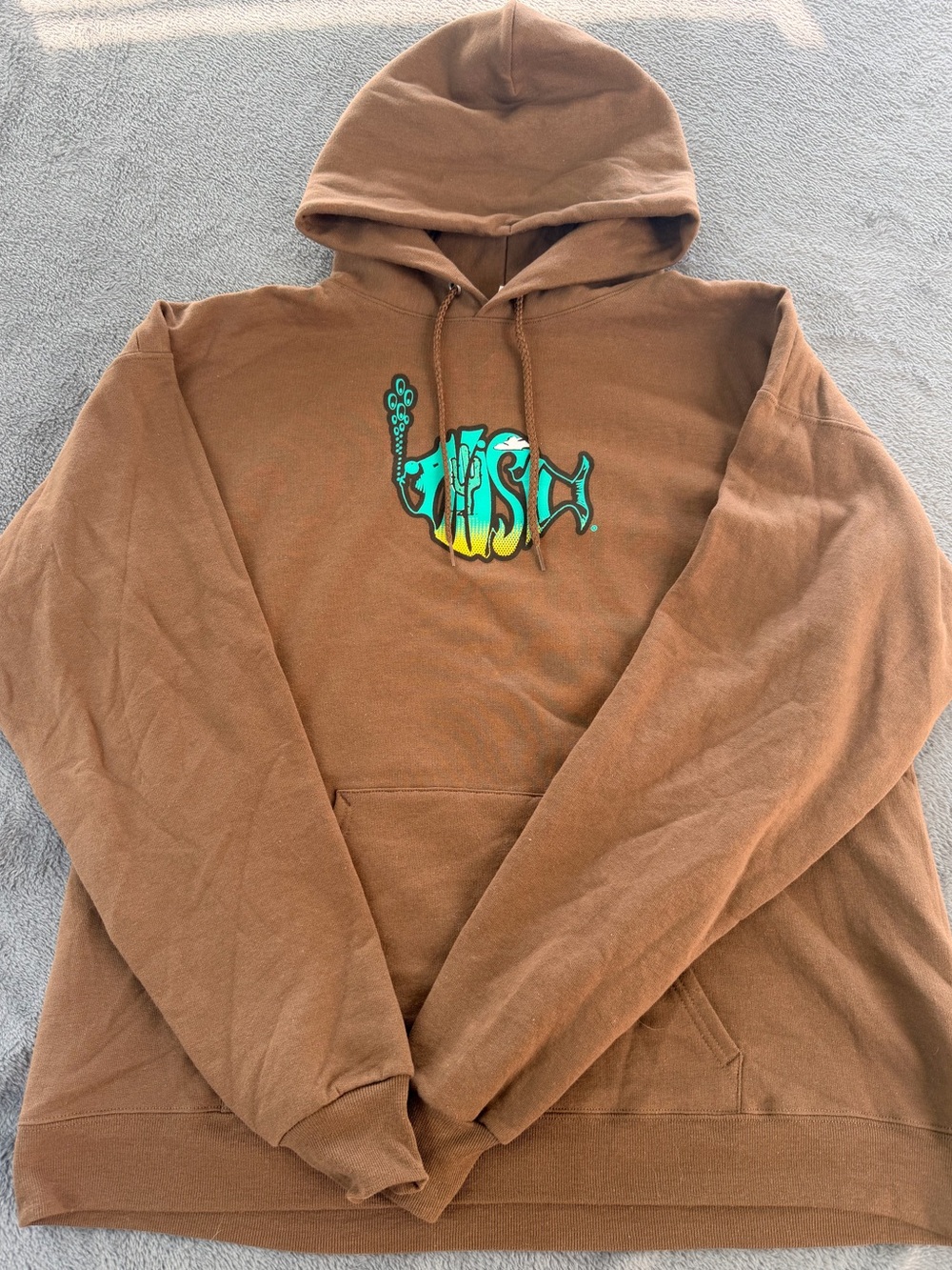 Men's Brown Pullover Hoodie with Teal and Yellow Fish Graphic